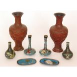 A pair of lacquered Oriental style vases heights 25cm, S/D,