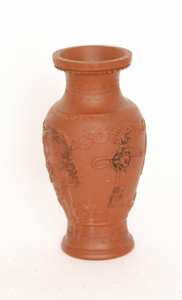 A 20th Century Japanese terracotta vase of shouldered ovoid form with collar neck, relief moulded - Image 3 of 5