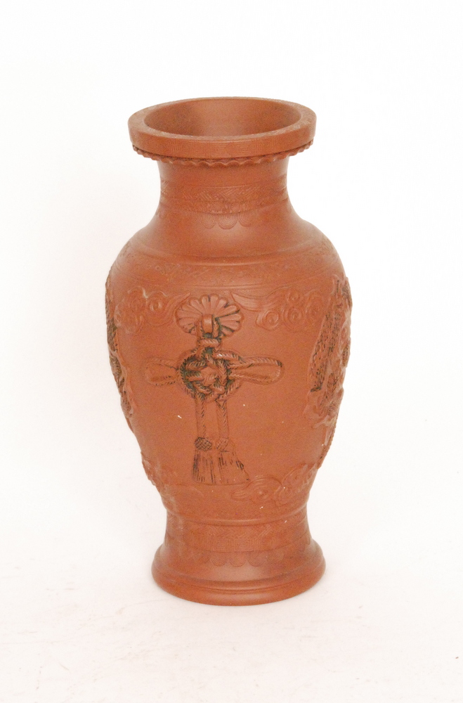 A 20th Century Japanese terracotta vase of shouldered ovoid form with collar neck, relief moulded - Image 4 of 5