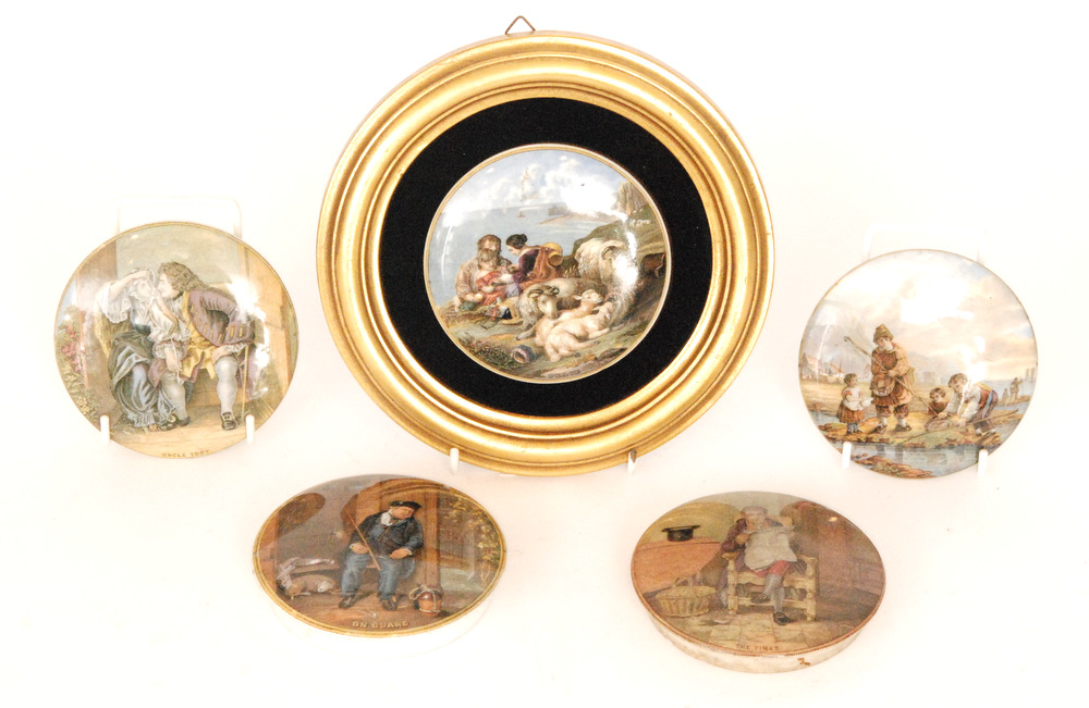 Five assorted 19th Century Staffordshire pot lids comprising The Times, Uncle Toby, On Guard, Peace
