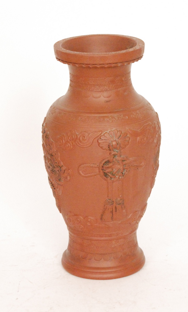 A 20th Century Japanese terracotta vase of shouldered ovoid form with collar neck, relief moulded - Image 2 of 5