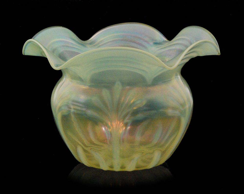 An early 20th Century John Walsh Walsh Opaline Brocade vase of squat form with wave edge rim,