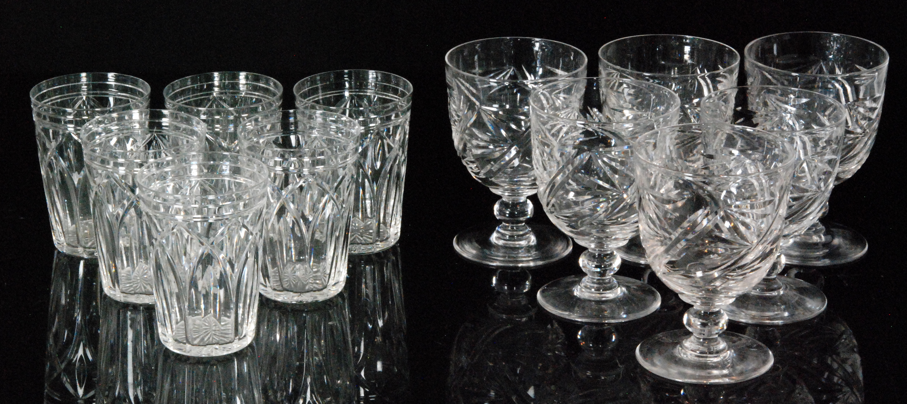 A group of six 1930s John Walsh Walsh crystal glass tumblers each with arched cut columns,