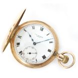 A 9ct hallmarked half hunter, crown wind pocket watch, Roman numerals to a white enamelled dial, J.