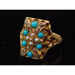 A late 19th to early 20th Century 18ct diamond, pearl and turquoise plaque head ring,