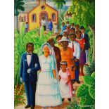 ANDRE NORMIL (HAITIAN, 1934 - 2014) - A bride and groom leading a wedding party from a church,