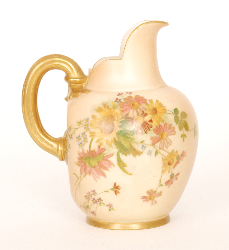 A Royal Worcester 1094 flatback jug decorated with sprays of flowers against a blush ivory ground,