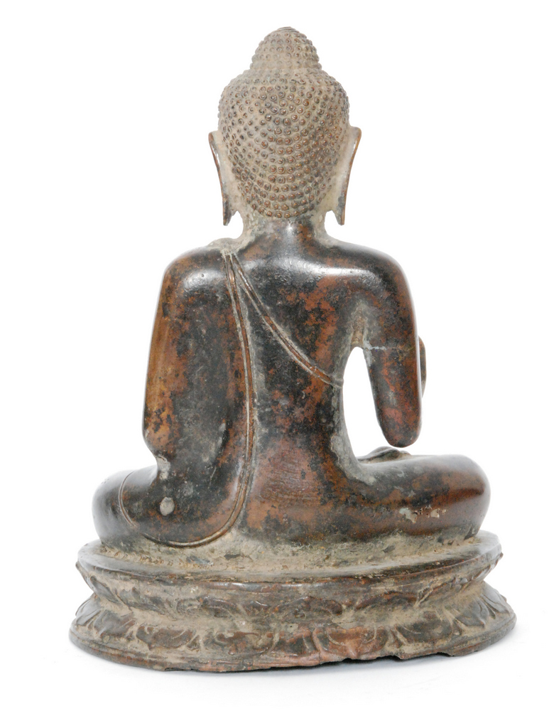 A Ming dynasty Thai bronze Buddha meditating in seated pose with right hand held in the Karana - Image 2 of 2