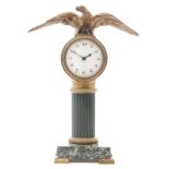 A 19th Century French Empire period Palais Royal mantle clock with a square veined marble base