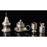 Four modern hallmarked silver items a small chamber stick and pair of squat cylindrical