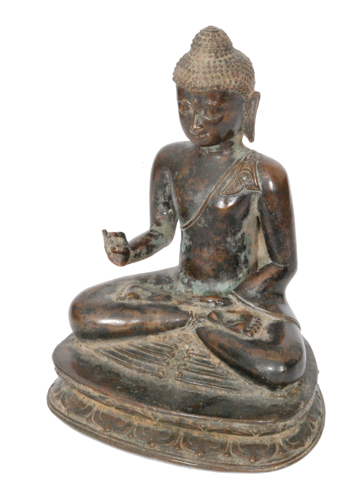 A Ming dynasty Thai bronze Buddha meditating in seated pose with right hand held in the Karana