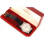 A boxed gentleman's stainless steel Omega wrist watch, batons and date facility to a silvered dial,