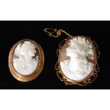 A 9ct oval cameo depicting Diana in profile, mounted within a rose gold frame, stamped, length 5cm,