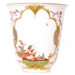An 18th Century Meissen Chinoiserie beaker decorated with two hand painted cartouche panels in the
