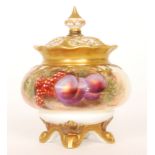 A Royal Worcester Fallen Fruits pot pourri and cover panel decorated by Smith with hand painted