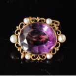 A Victorian 14ct amethyst and seed pearl oval brooch,