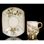 A late 19th Century Royal Worcester Aesthetic coffee can and saucer of squared form decorated with