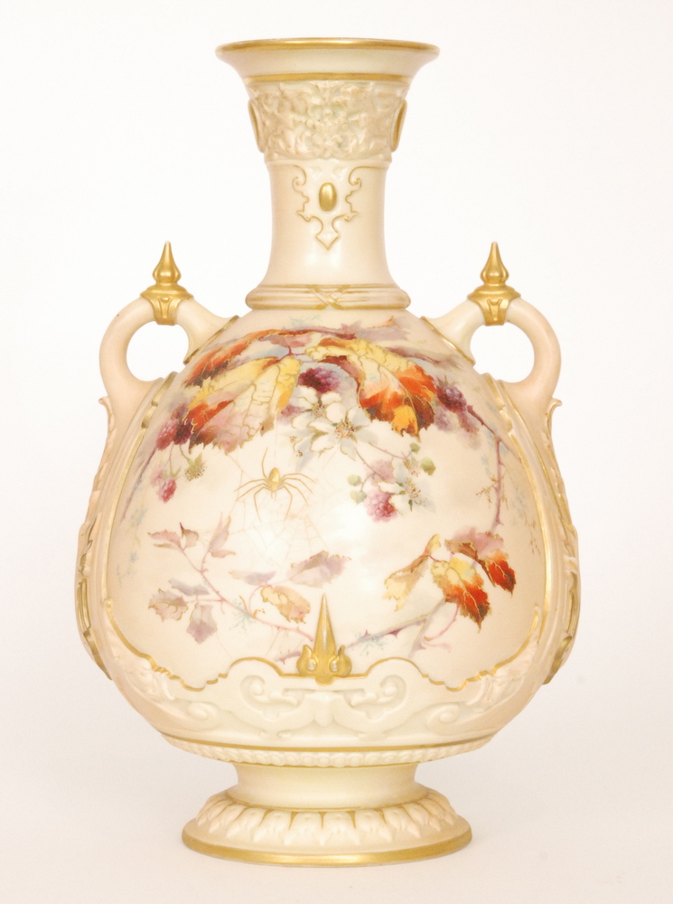 A large late 19th Century Royal Worcester twin handled shape 1553 blush ivory vase decorated with - Image 2 of 2