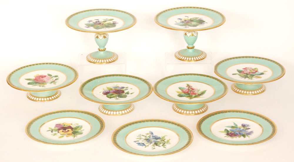 A 19th Century eighteen piece dessert service comprising twelve plates, four tazza and two comports,