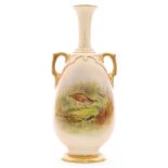 A Royal Worcester twin handled shape 1762 footed vase panel decorated by Johnson with two hand