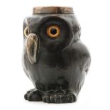 A late 19th Century Doulton Lambeth silver mounted vesta modelled as an owl glazed in brown with