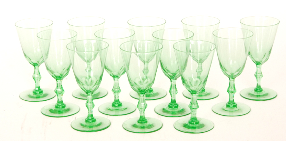 A set of twelve late 19th Century Uranium wine glasses,