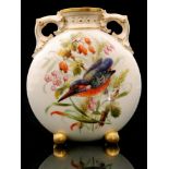 A small late 19th Century Royal Worcester moonflask vase panel decorated with a hand painted bird