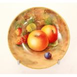 A Royal Worcester Fallen Fruits pin dish coaster decorated by Shuck with hand painted apples,