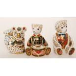 Three Royal Crown Derby paperweights comprising two teddy bears, one dressed in a waistcoat,