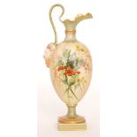 A Royal Worcester blush ivory shape 1144 pedestal ewer decorated with an enamel spray of thistles