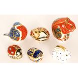 Six assorted Royal Crown Derby paperweights comprising a red squirrel, a curled mouse,