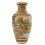 A Japanese Meiji period miniature Satsuma vase hand decorated with a pagoda to a lake scene with