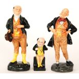 Three Royal Doulton figurines comprising Micawber HN2097, Pickwick HN2099 and a miniature Pickwick.