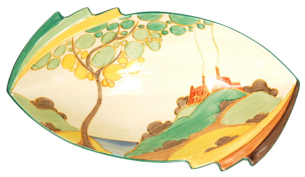 Clarice Cliff - Secrets - A shape 475 fan bowl circa 1933 hand painted with a tree and cottage