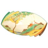 Clarice Cliff - Secrets - A shape 475 fan bowl circa 1933 hand painted with a tree and cottage