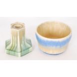 Ruskin Pottery - Two pieces of crystalline glaze comprising a squat hexagonal candlestick glazed in