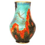 Crown Devon - A 1930s Mattasung vase decorated with a gilt spiders web and a dragon fly,
