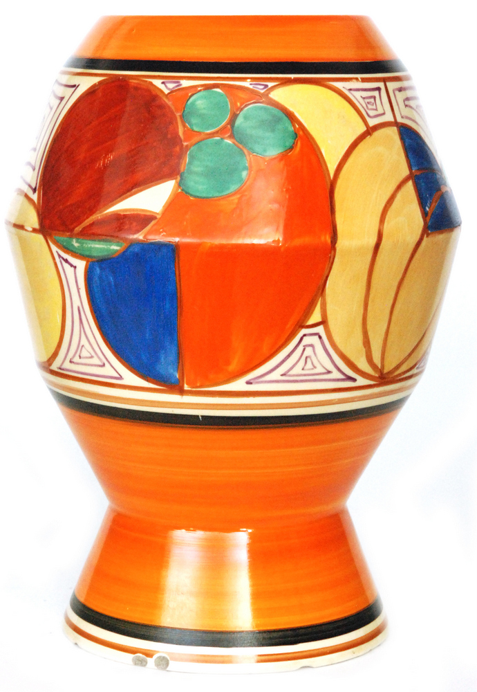 Clarice Cliff - Melon - A shape 365 vase circa 1930 hand painted with a band of abstract fruit