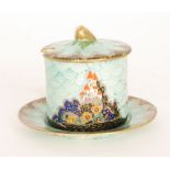 Crown Devon - A 1930s Art Deco drum shaped preserve pot and stand decorated in the Mattajade 'Fairy