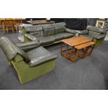 Unknown - A 1970s green leather and corduroy upholstered lounge suite, comprising three seat sofa,