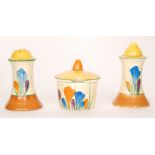 Clarice Cliff - Crocus - A Muffiner shape cruet set with mustard post circa 1930 hand painted with