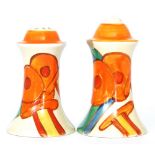 Clarice Cliff - Bobbins - A pair of muffiner salt and pepper pots circa 1931 hand painted with