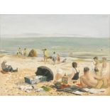 Mary Adshead (1904-1995) - 'Family on the Beach', oil on board, signed,