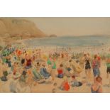 Henry Charles Brewer, RI (1866-1950) - A crowded beach in summer, watercolour, signed, framed,