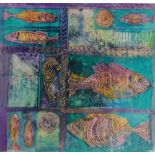 Elizabeth Cousins (Contemporary) - Fish and shells, ink and wax resist drawing, signed, framed.