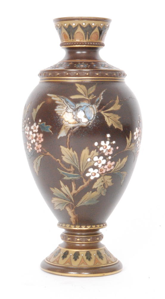 Mettlach - A late 19th Century Aesthetic vase of footed shouldered ovoid form with a collar neck,