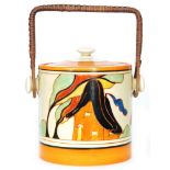 Clarice Cliff - Orange House - A Hereford shape biscuit barrel circa 1930 hand painted with a