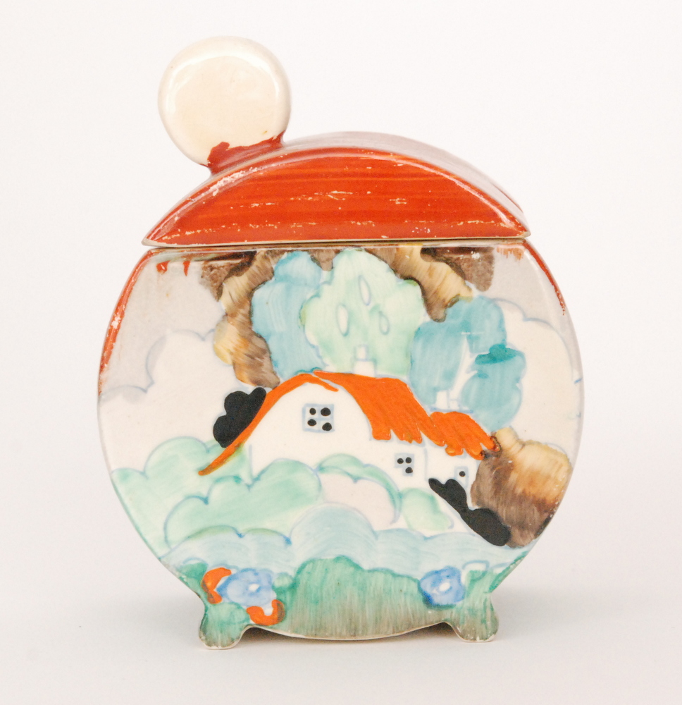 Clarice Cliff - Forest Glen - A Bon Jour shape preserve pot and cover circa 1935/36 hand painted