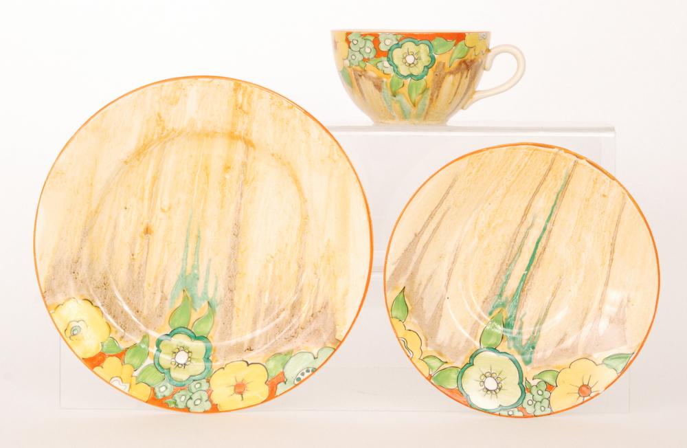 Clarice Cliff - Jonquil - A Globe shape trio circa 1933 comprising cup,