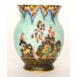Crown Devon - A 1930s Art Deco vase decorated in the Mattajade 'Fairy Castle' pattern with a